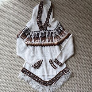 Women’s 100% Alpaca Cream Hooded Fringe Sweater with Brown Fair Isle Pattern